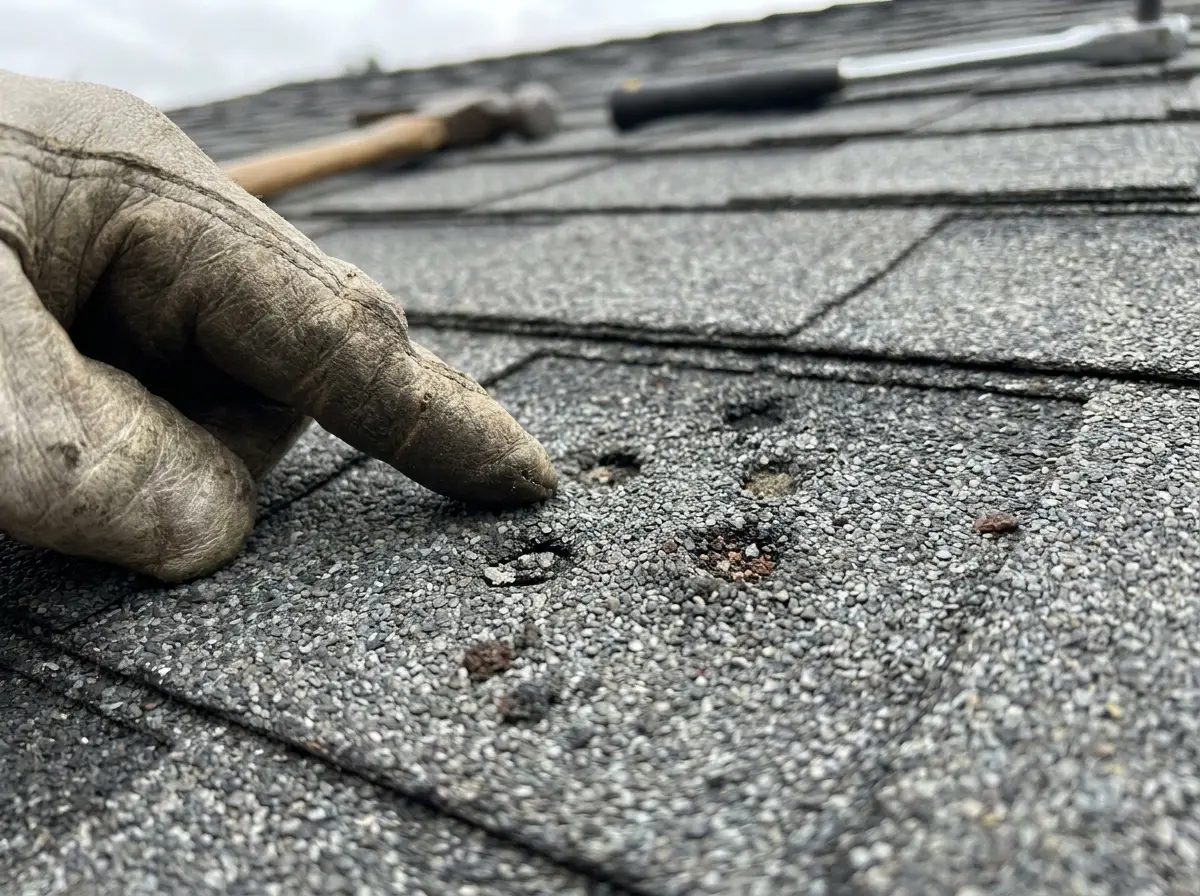Close-up of hail damage on asphalt roof shingles during an inspection